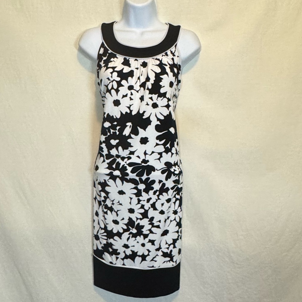H-51 Suzi Chin Black &‎ White Floral Sleeveless Summer MIDI Dress Size 8
